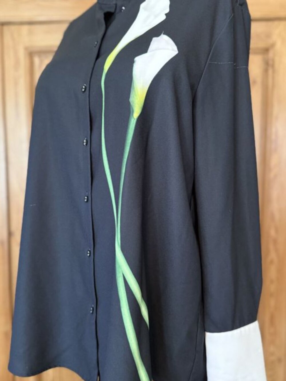 Navy Calla Lily Print Shirt Dress with White Cuffs Size XL - Picture 2 of 4